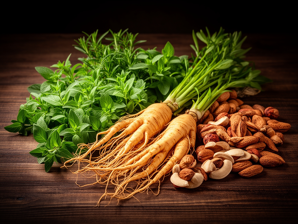 Composizione artistica di erbe aromatiche fresche, radici di ginseng e frutta secca su un tavolo di legno scuro illuminato da luce calda e diretta, con texture naturali in evidenza